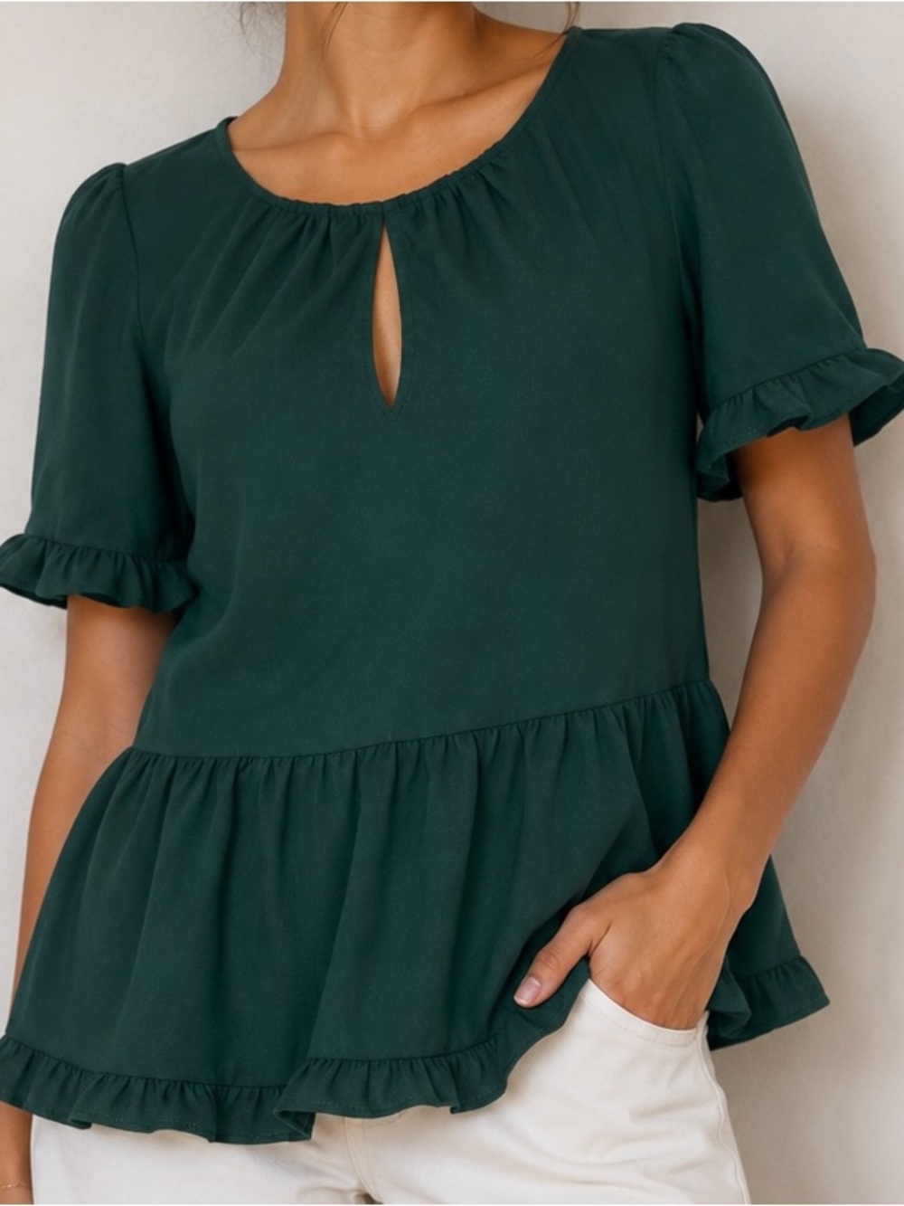 Madewell Dark Green Peplum Blouse XS ruffle sleeve keyhole tiered hem